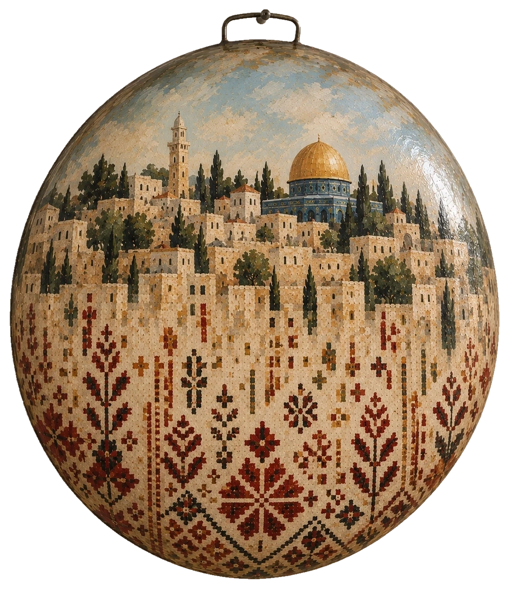 مبانٍ حجرية وأشجار سرو وقبة القدس الذهبية، تتصل بزخارف تطريز حمراء وسوداء ومغرة على صاج محدّب.