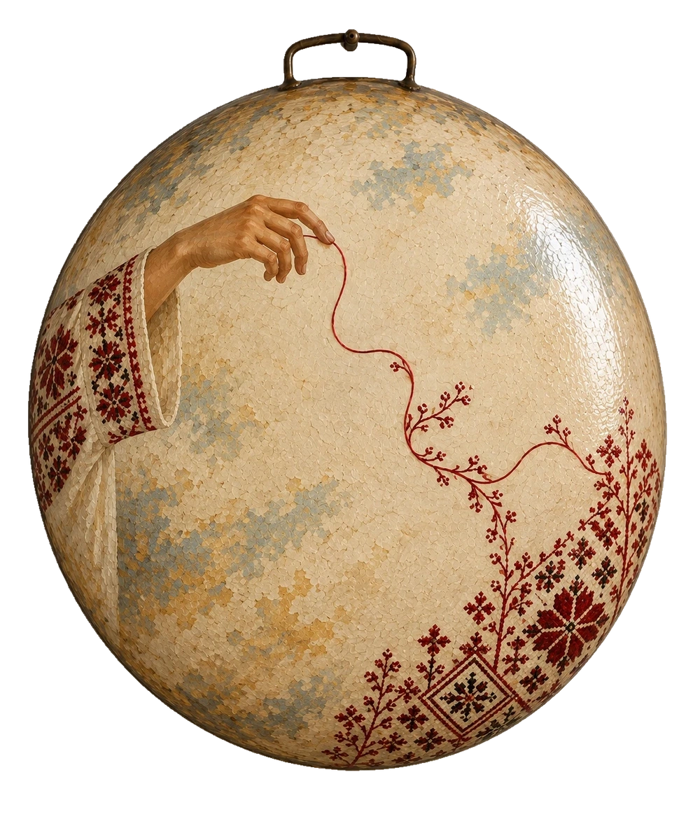 يد تخرج من كمّ مطرّز وتمسك خيطًا أحمر يتفرّع إلى أغصان وزخارف تطريز، على صاج عاجي بلمسات زرقاء فاتحة.