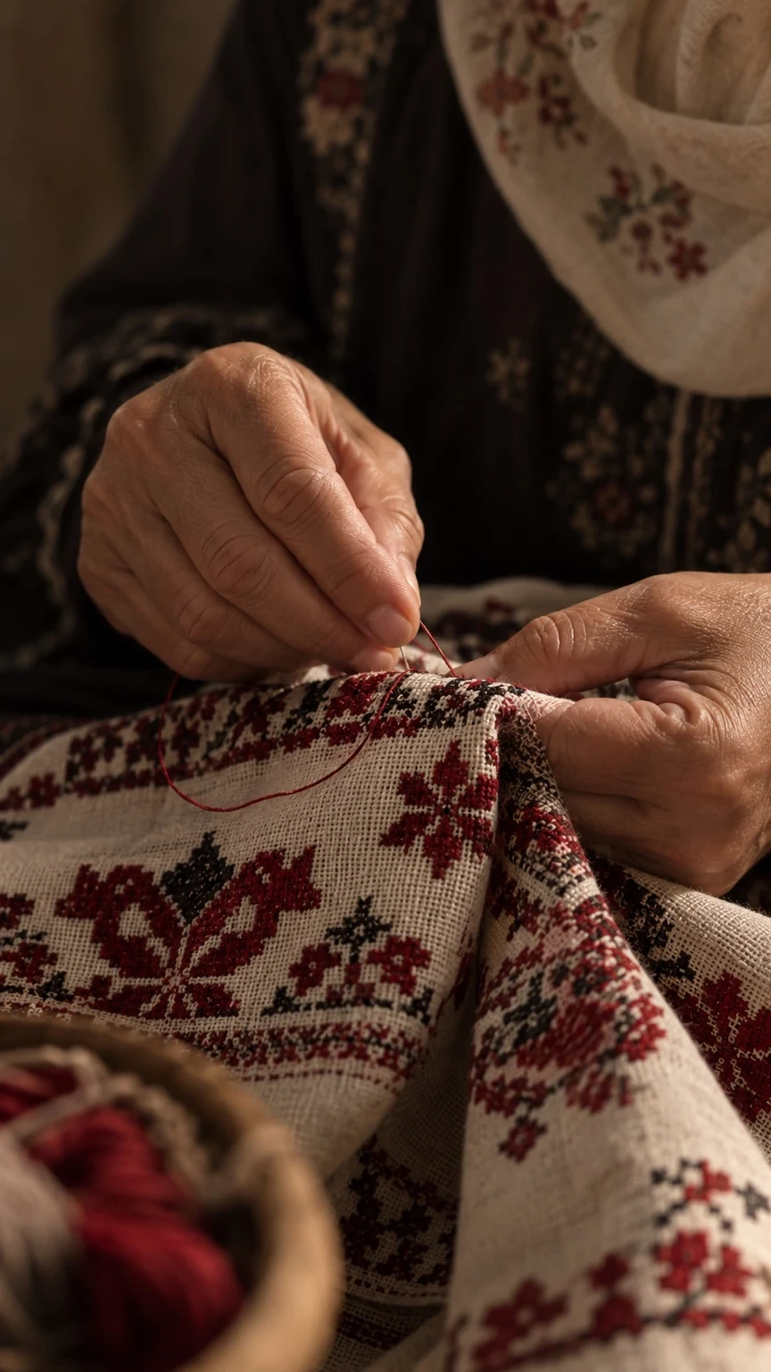 تفصيل لزخارف مستوحاة من التطريز، مرسومة بالأحمر ودرجات داكنة على سطح فاتح تظهر فيه آثار الفرشاة.
